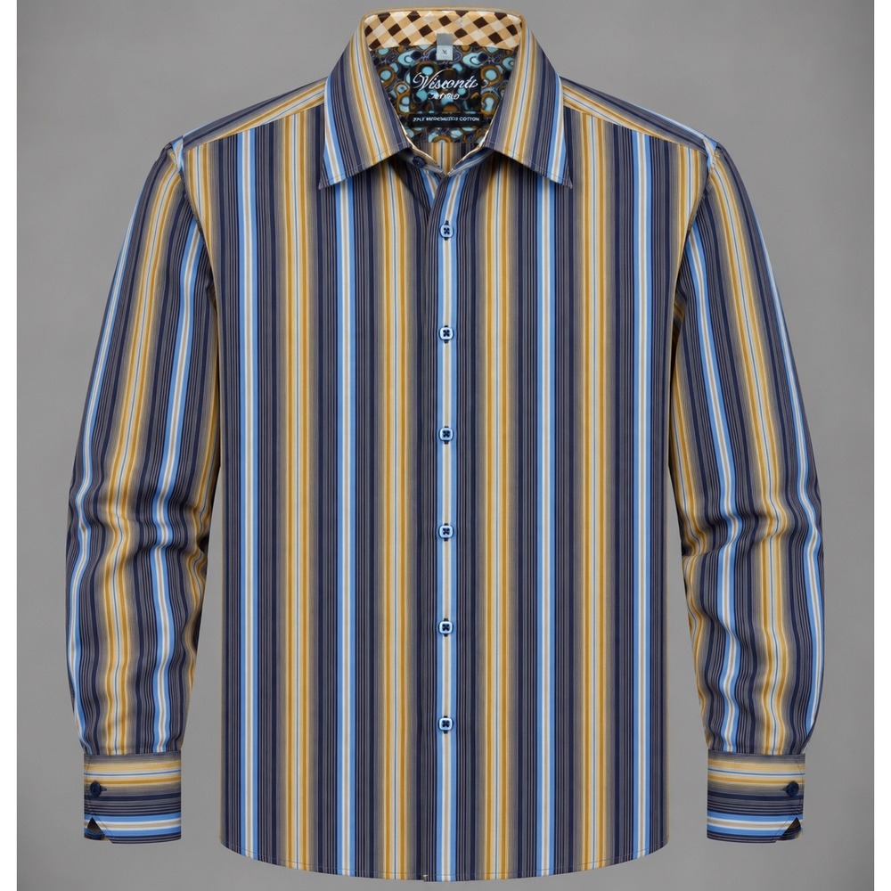 Visconti Uomo Men's Dress Shirt XL Striped Blue Brown 2 Ply Mercerized Cotton